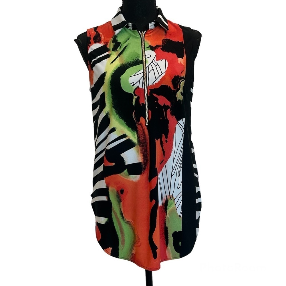 FRANK Lyman design red orange multicoloured zebra sleeveless zipper blouse Sz 6